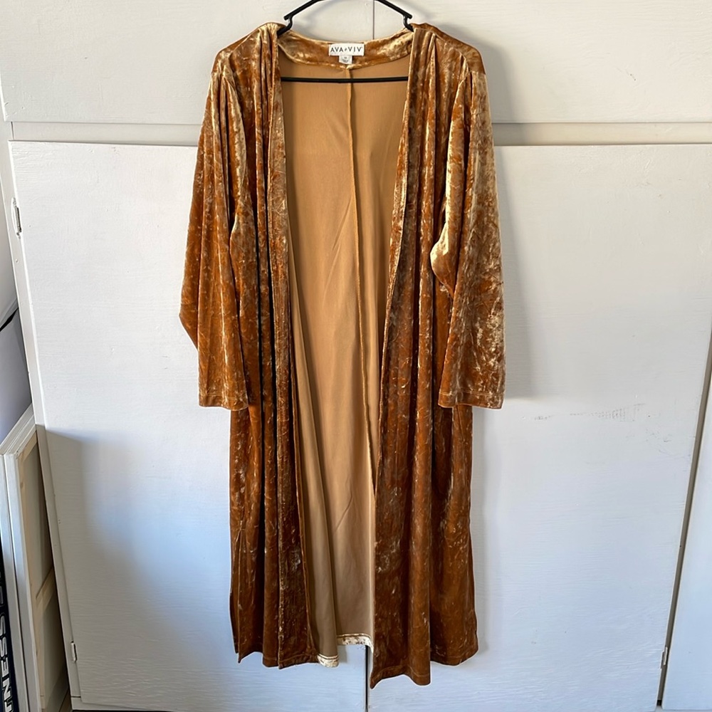 Size 1x AVA & VIV long cardigan velvet type material rusty orange color